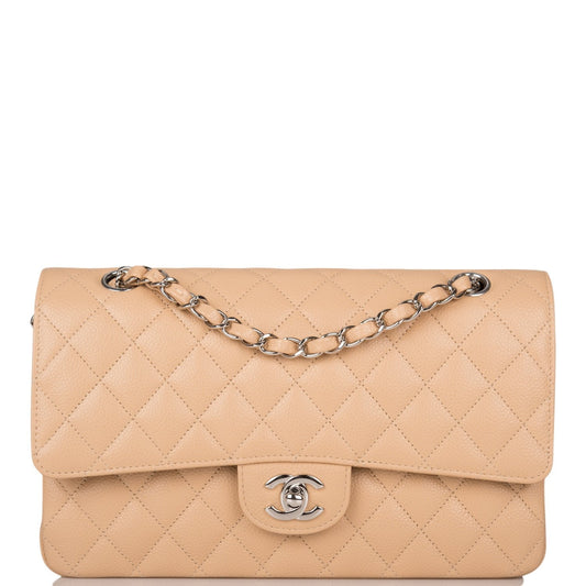 Chanel Beige Quilted Caviar Medium Classic Double Flap Bag Silver Hardware - Fashiono