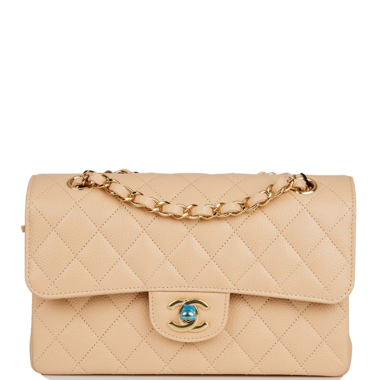 Chanel Beige Quilted Caviar Small Classic Double Flap Bag Gold Hardware - Fashiono