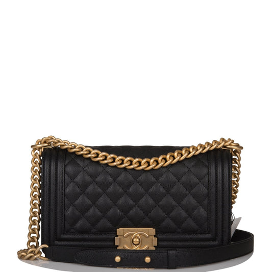 Chanel Black Quilted Caviar Medium Boy Bag Antique Gold Hardware - Fashiono