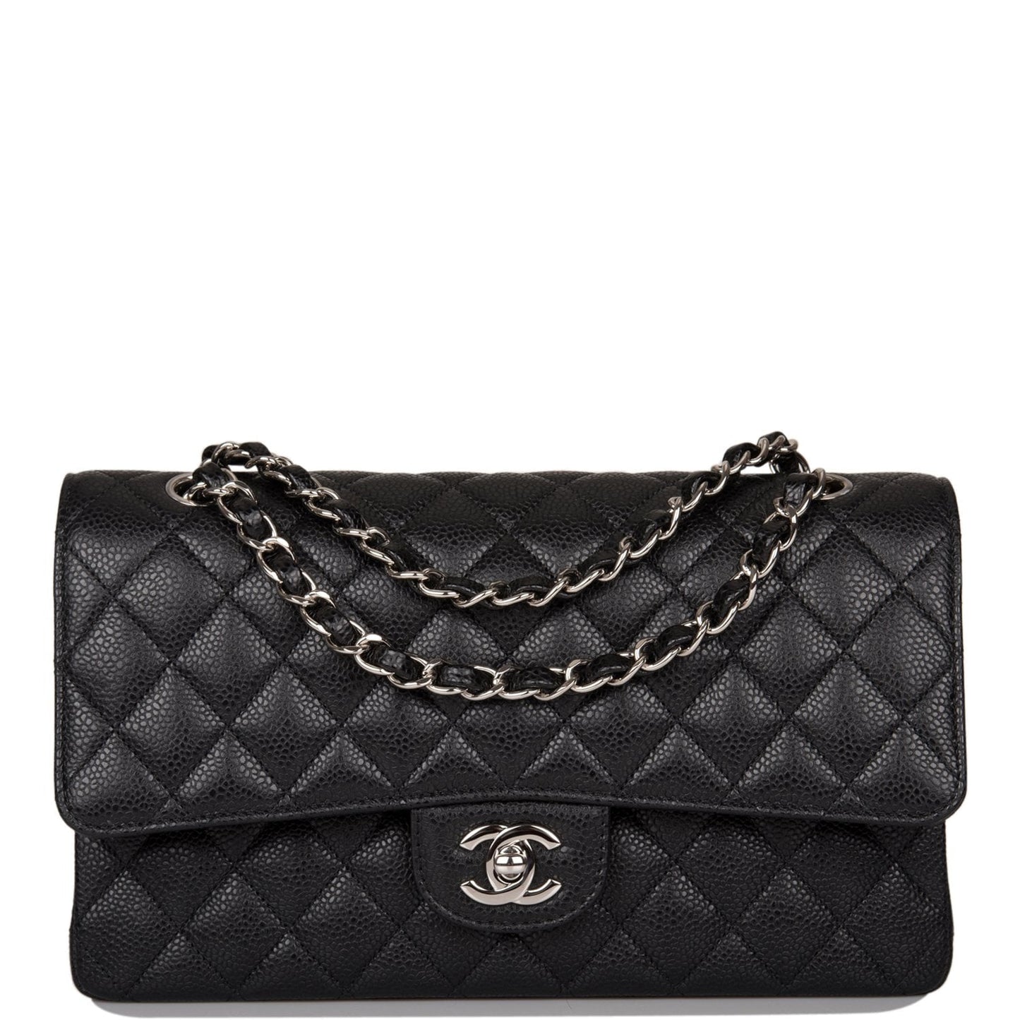 Chanel Black Quilted Caviar Medium Classic Double Flap Bag Silver Hardware - Fashiono