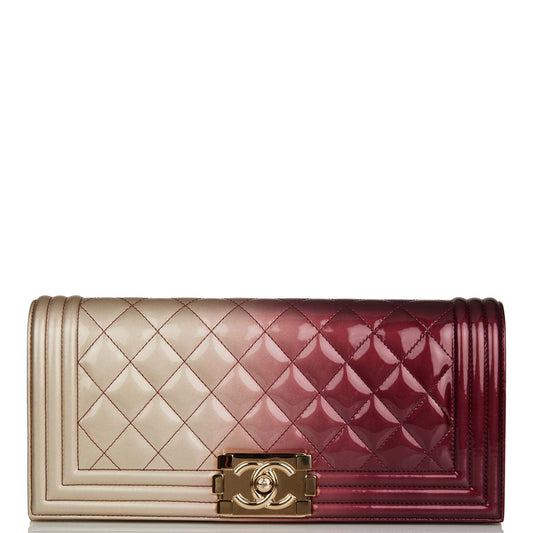 Chanel Boy Bag Clutch Beige and Pink Ombre Patent Gold Hardware - Fashiono