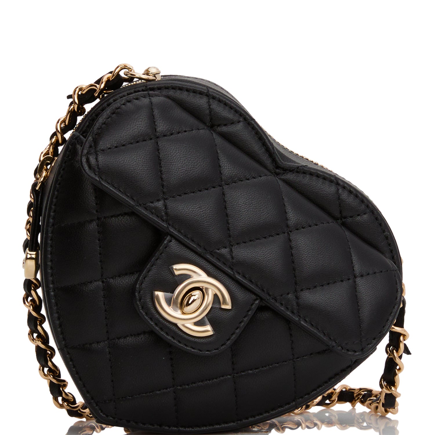 Chanel CC In Love Heart Clutch with Chain Black Lambskin Light Gold Hardware - Fashiono