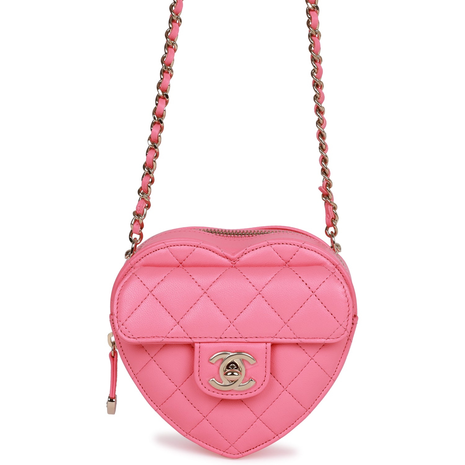 Chanel CC In Love Heart Clutch with Chain Pink Lambskin Light Gold Hardware - Fashiono