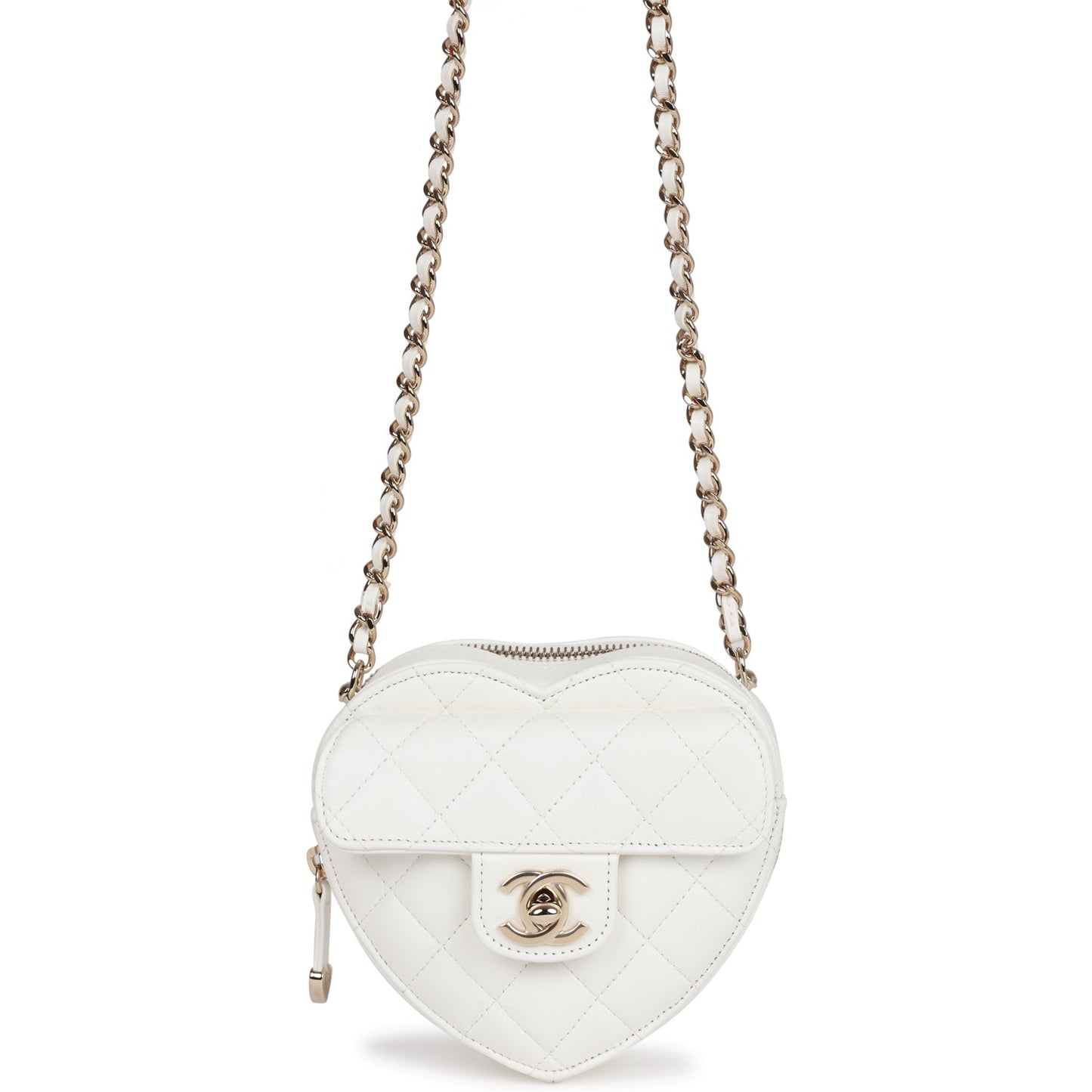 Chanel CC In Love Heart Clutch with Chain White Lambskin Light Gold Hardware - Fashiono