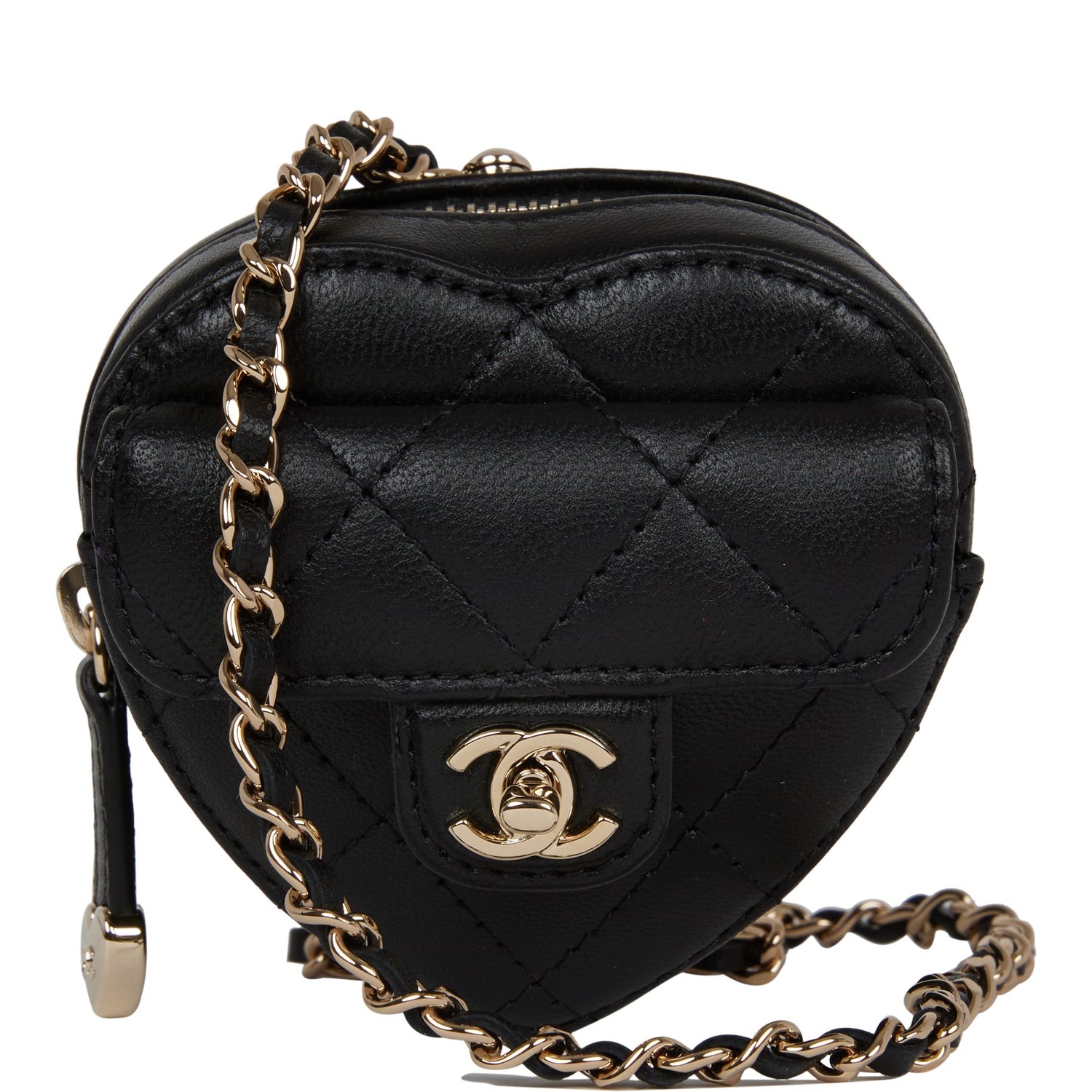 Chanel CC In Love Heart Necklace Bag Black Lambskin Light Gold Hardware - Fashiono