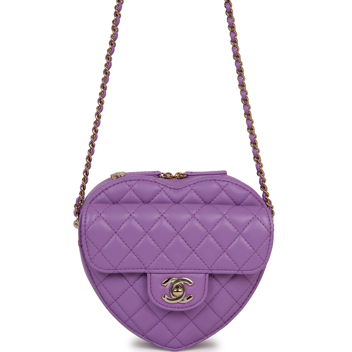 Chanel CC In Love Large Heart Bag Purple Lambskin Light Gold Hardware - Fashiono