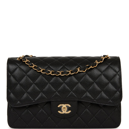 Chanel Jumbo Classic Double Flap Bag Black Caviar Gold Hardware - Fashiono