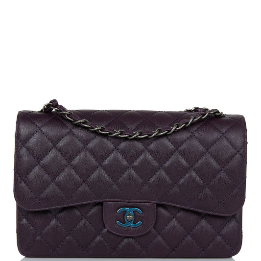 Chanel Jumbo Classic Double Flap Bag Dark Purple Caviar Ruthenium Hardware - Fashiono