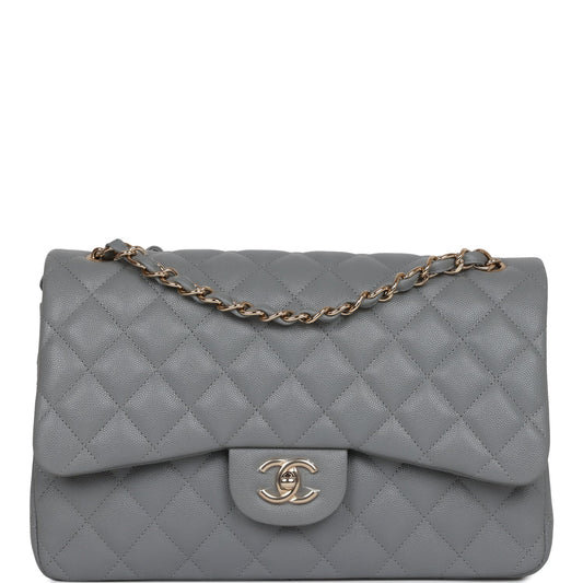 Chanel Jumbo Classic Double Flap Bag Grey Caviar Light Gold Hardware - Fashiono