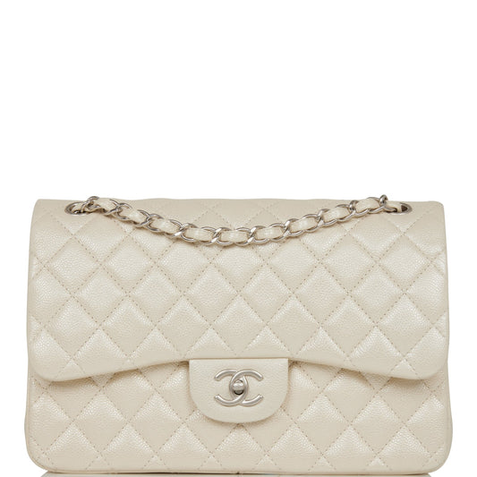 Chanel Jumbo Classic Double Flap Bag White Iridescent Caviar Silver Hardware - Fashiono