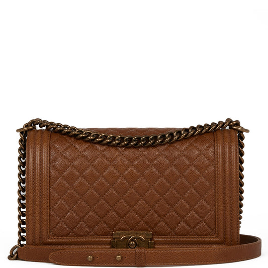 Chanel Large Boy Bag Brown Caviar Antique Gold Hardware - Fashiono