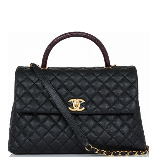 Chanel Large Coco Handle Flap Bag Black Caviar Lizard Handle Antique Gold Hardware - Fashiono