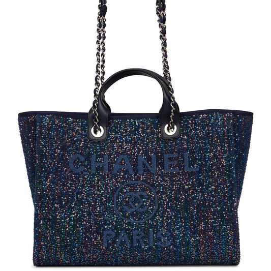 Chanel Large Deauville Shopping Bag Blue Sequin Boucle Silver Hardware - Fashiono