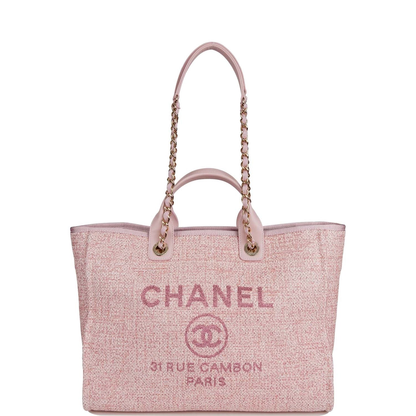 Chanel Large Deauville Shopping Bag Pink Lurex Gold Hardware - Fashiono