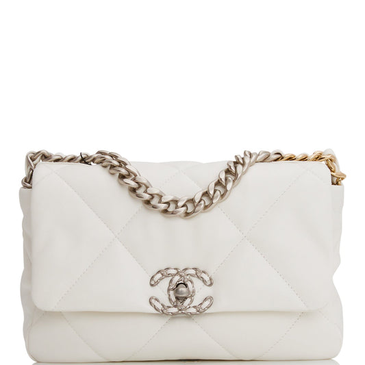 Chanel Medium 19 Flap Bag White Goatskin Mixed Hardware - Fashiono