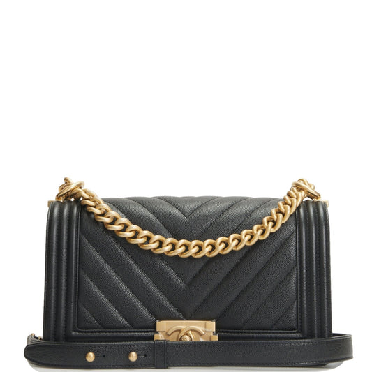 Chanel Medium Boy Bag Black Chevron Caviar Antique Gold Hardware - Fashiono