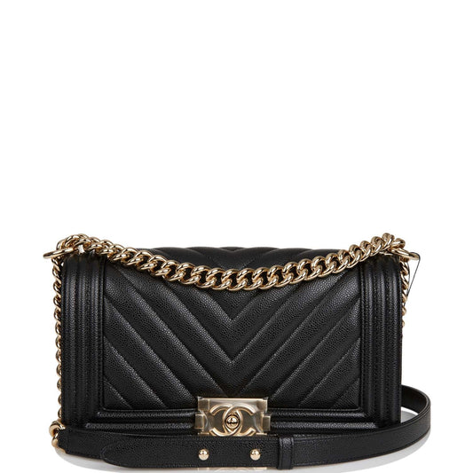 Chanel Medium Boy Bag Black Chevron Caviar Light Gold Hardware - Fashiono