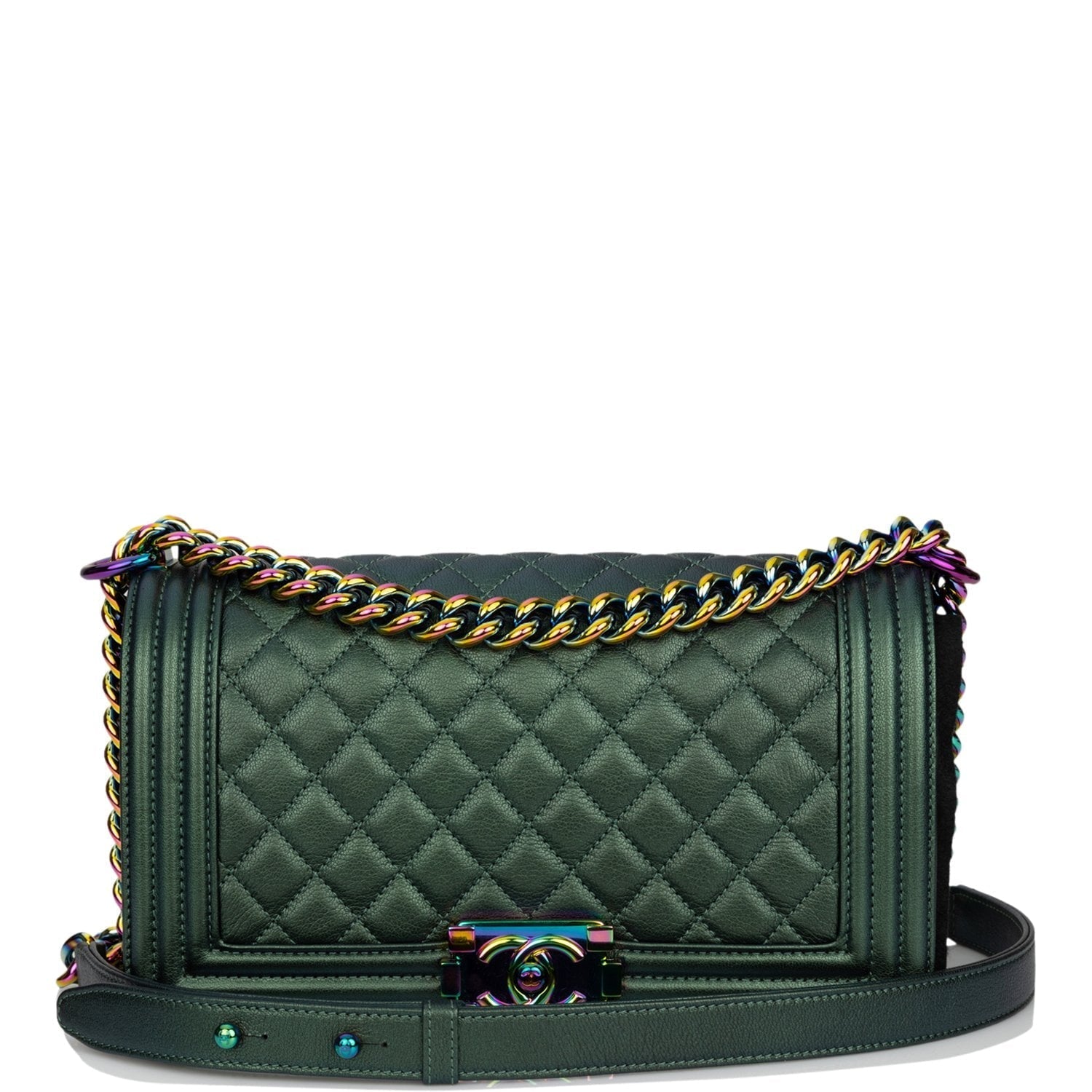 Chanel Medium Boy Bag Green Iridescent Goatskin Rainbow Hardware - Fashiono