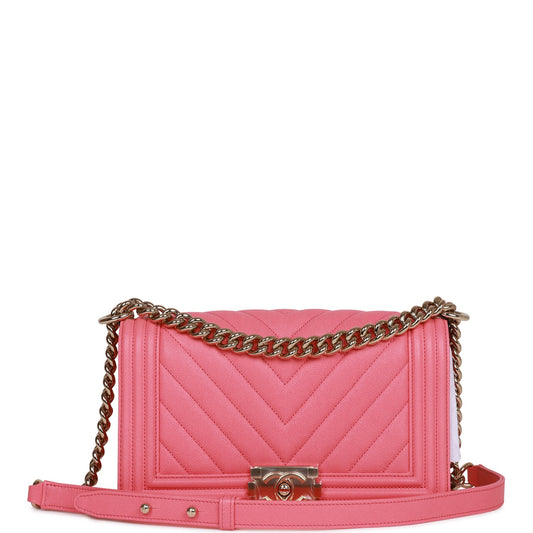 Chanel Medium Boy Bag Pink Chevron Caviar Light Gold Hardware - Fashiono