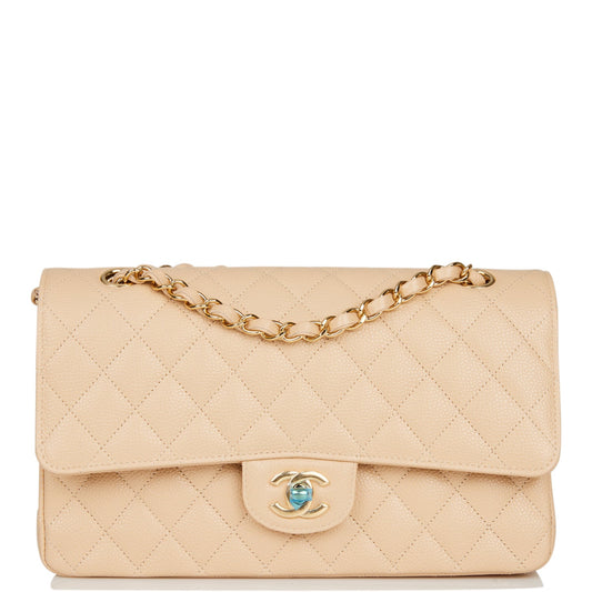 Chanel Medium Classic Double Flap Bag Beige Caviar Gold Hardware - Fashiono