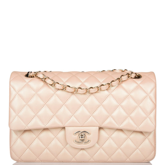 Chanel Medium Classic Double Flap Bag Beige Iridescent Calfskin Light Gold Hardware - Fashiono