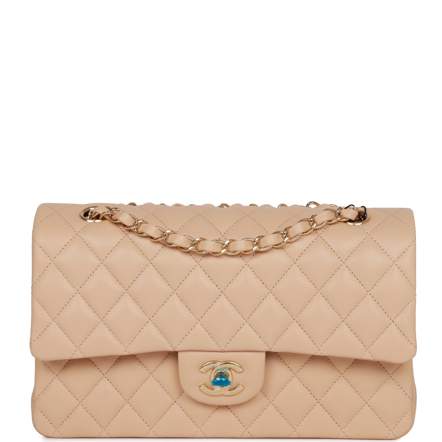 Chanel Medium Classic Double Flap Bag Beige Lambskin Light Gold Hardware - Fashiono