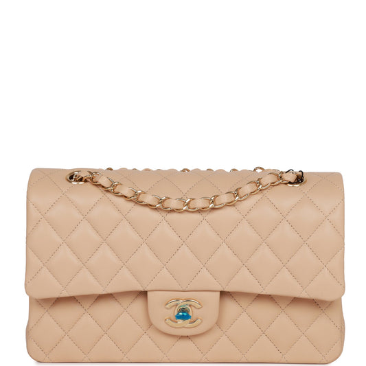 Chanel Medium Classic Double Flap Bag Beige Lambskin Light Gold Hardware - Fashiono