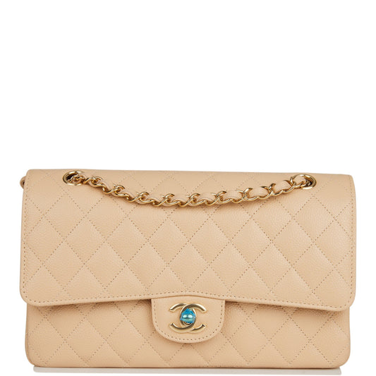 Chanel Medium Classic Double Flap Bag Beige Quilted Caviar Gold Hardware - Fashiono