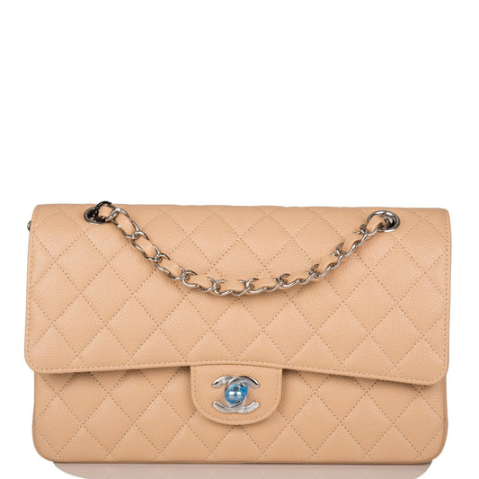 Chanel Medium Classic Double Flap Bag Beige Quilted Caviar Silver Hardware - Fashiono