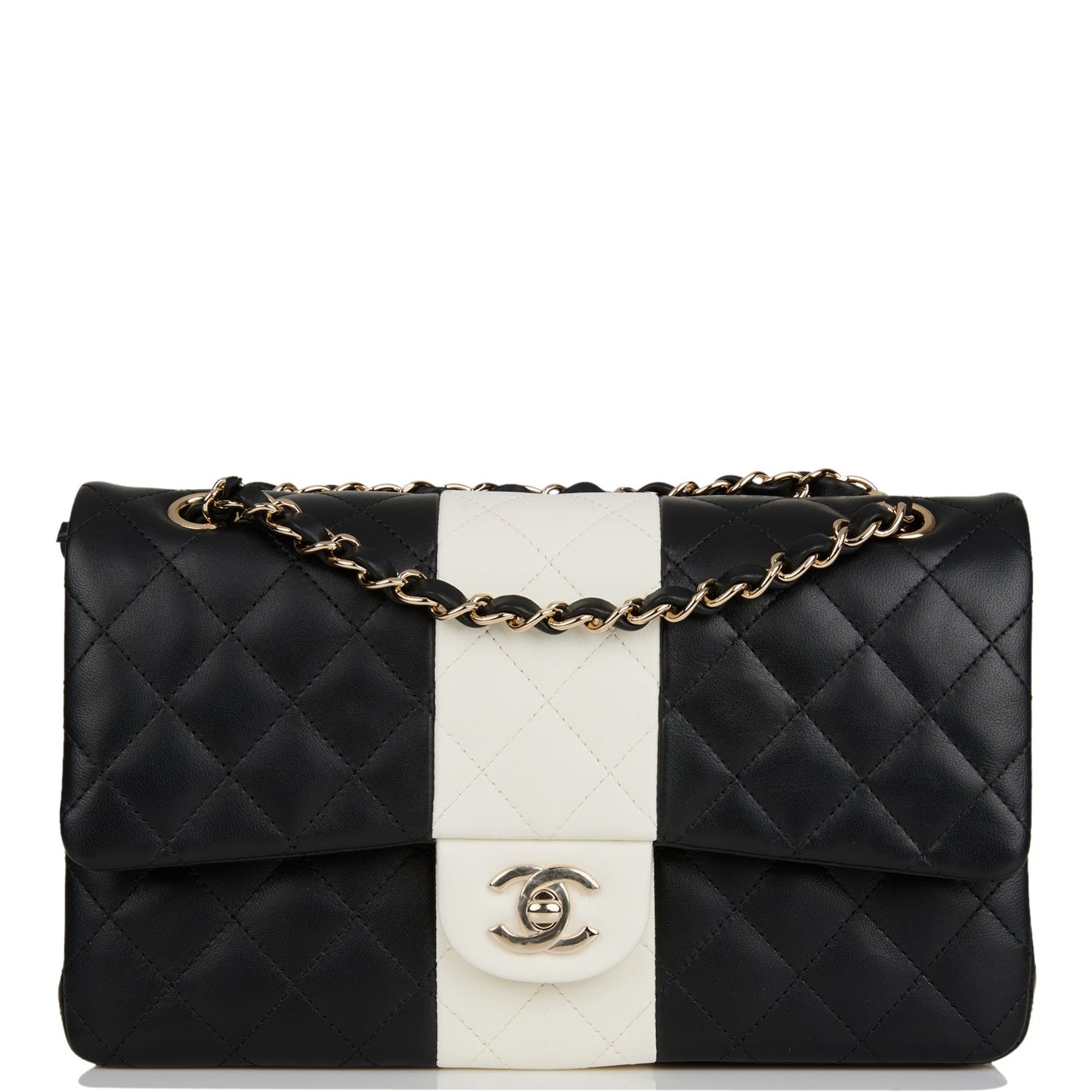 Chanel Medium Classic Double Flap Bag Black and White Lambskin Light Gold Hardware - Fashiono