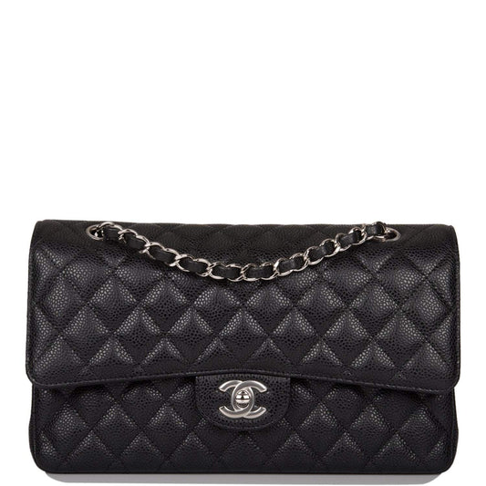 Chanel Medium Classic Double Flap Bag Black Caviar Silver Hardware - Fashiono