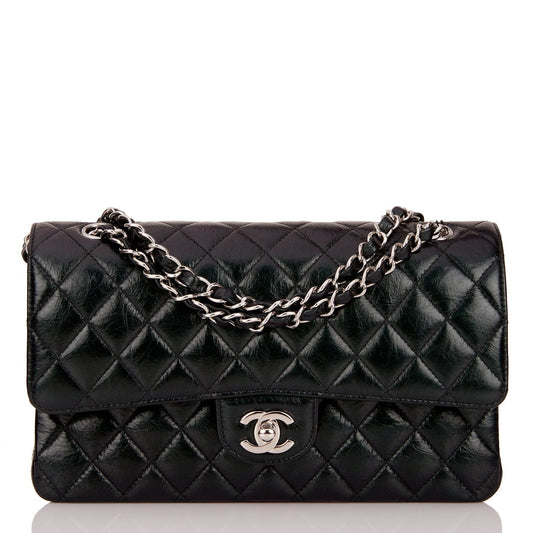 Chanel Medium Classic Double Flap Bag Black Iridescent Quilted Crumpled Calfskin Silver Hardware - Fashiono