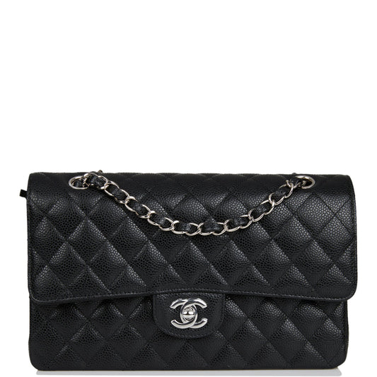 Chanel Medium Classic Double Flap Bag Black Quilted Caviar Silver Hardware - Fashiono