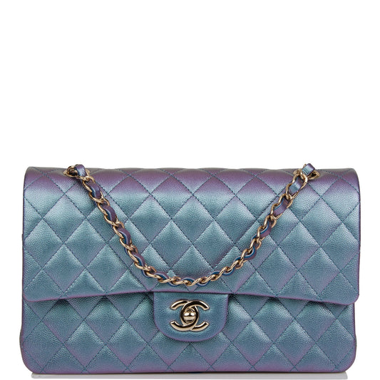 Chanel Medium Classic Double Flap Bag Blue Iridescent Caviar Light Gold Hardware - Fashiono