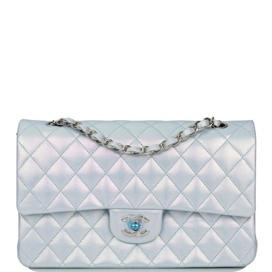 Chanel Medium Classic Double Flap Bag Blue Iridescent Lambskin Silver Hardware - Fashiono