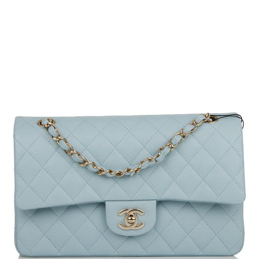 Chanel Medium Classic Double Flap Bag Blue Quilted Caviar Light Gold Hardware - Fashiono