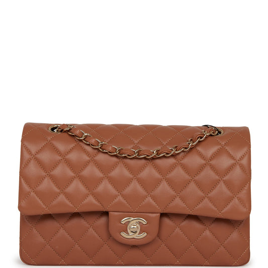 Chanel Medium Classic Double Flap Bag Caramel Lambskin Light Gold Hardware - Fashiono