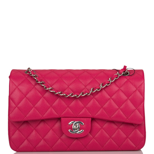 Chanel Medium Classic Double Flap Bag Dark Pink Caviar Silver Hardware - Fashiono