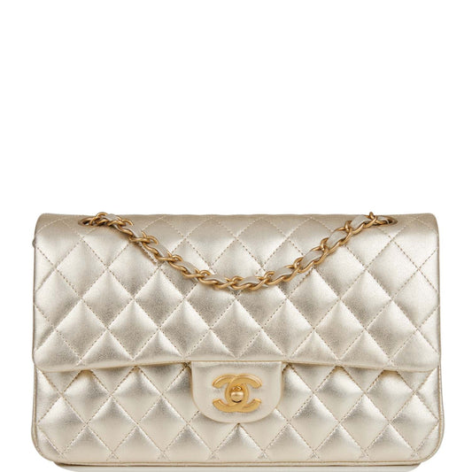 Chanel Medium Classic Double Flap Bag Gold Iridescent Lambskin Antique Gold Hardware - Fashiono