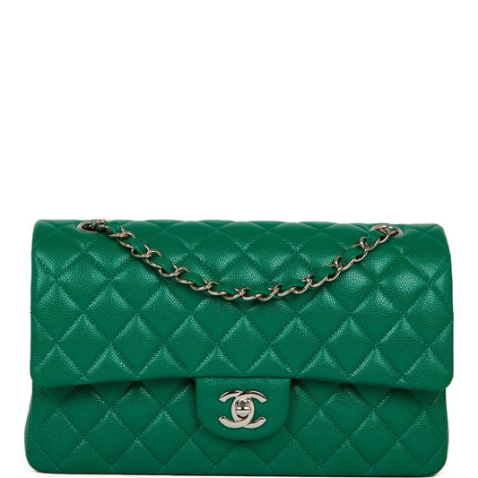 Chanel Medium Classic Double Flap Bag Green Caviar Silver Hardware - Fashiono