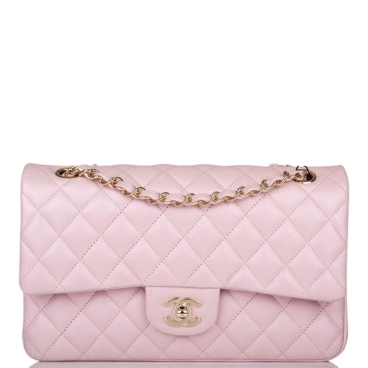 Chanel Medium Classic Double Flap Bag Pink Iridescent Lambskin Light Gold Hardware - Fashiono