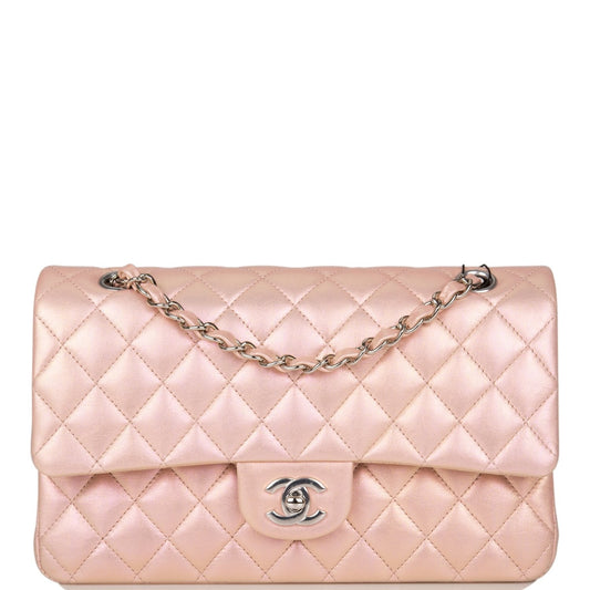 Chanel Medium Classic Double Flap Bag Pink Iridescent Lambskin Silver Hardware - Fashiono