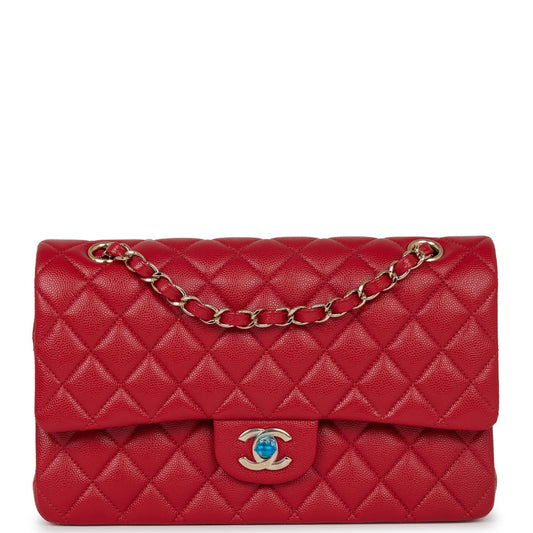 Chanel Medium Classic Double Flap Bag Red Caviar Light Gold Hardware - Fashiono