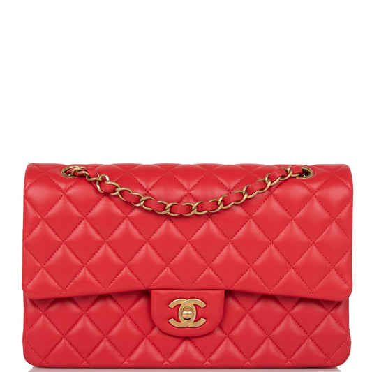 Chanel Medium Classic Double Flap Bag Red Lambskin Antique Gold Hardware - Fashiono