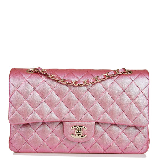 Chanel Medium Classic Double Flap Bag Rose Iridescent Caviar Light Gold Hardware - Fashiono