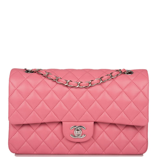 Chanel Medium Classic Double Flap Bag Rose Quilted Lambskin Silver Hardware - Fashiono