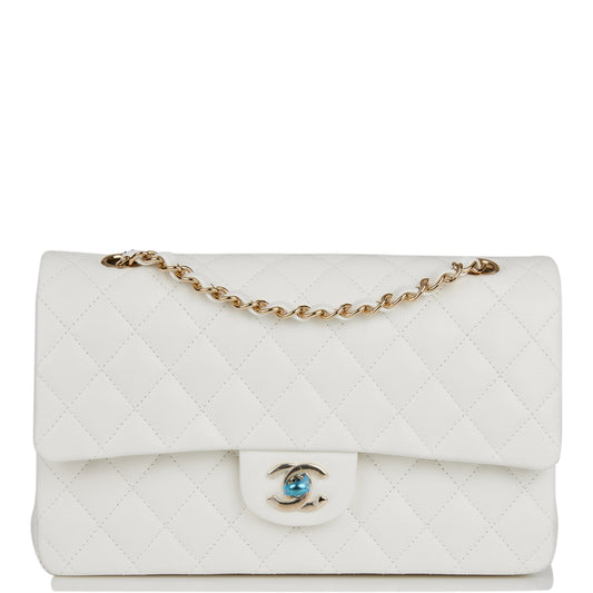 Chanel Medium Classic Double Flap Bag White Quilted Caviar Light Gold Hardware - Fashiono