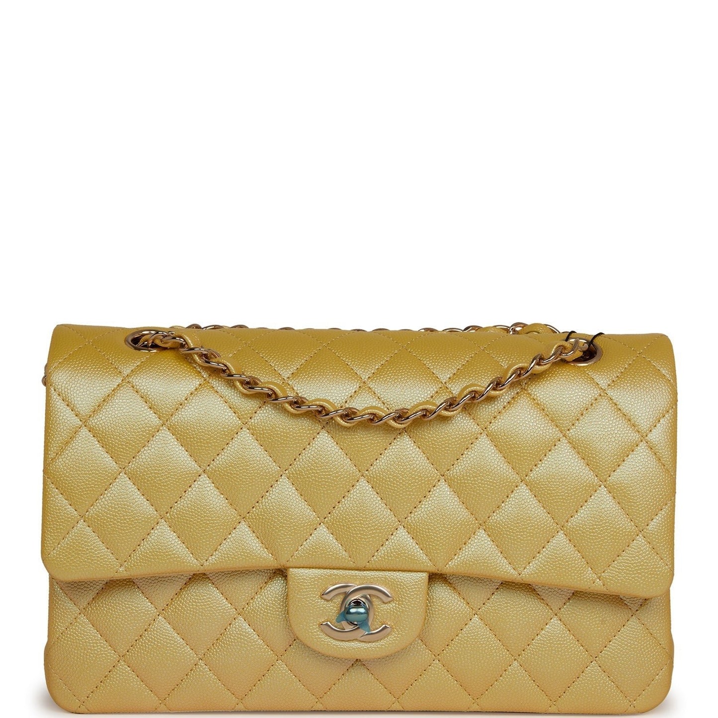 Chanel Medium Classic Double Flap Bag Yellow Iridescent Caviar Light Gold Hardware - Fashiono