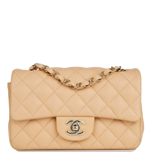 Chanel Mini Rectangular Flap Bag Beige Lambskin Light Gold Hardware - Fashiono