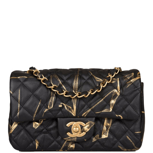 Chanel Mini Rectangular Flap Bag Black and Gold Aged Calfskin Antique Gold Hardware - Fashiono